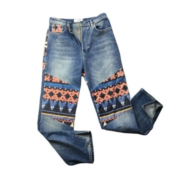 Free People Blue Jeans with Multicolor Tribal Pattern NWOT - Picture 2 of 10